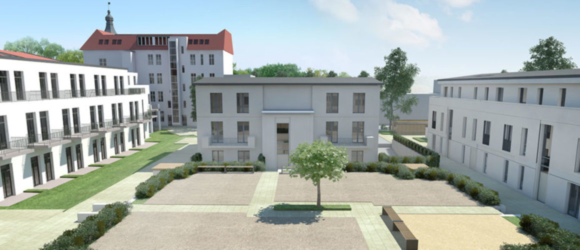 Das Foto zeigt 3D-Modelle einer neuen Nachbarschaft in Babelsberg. Man erkennt 4 moderne Mehrfamilienhäuser.