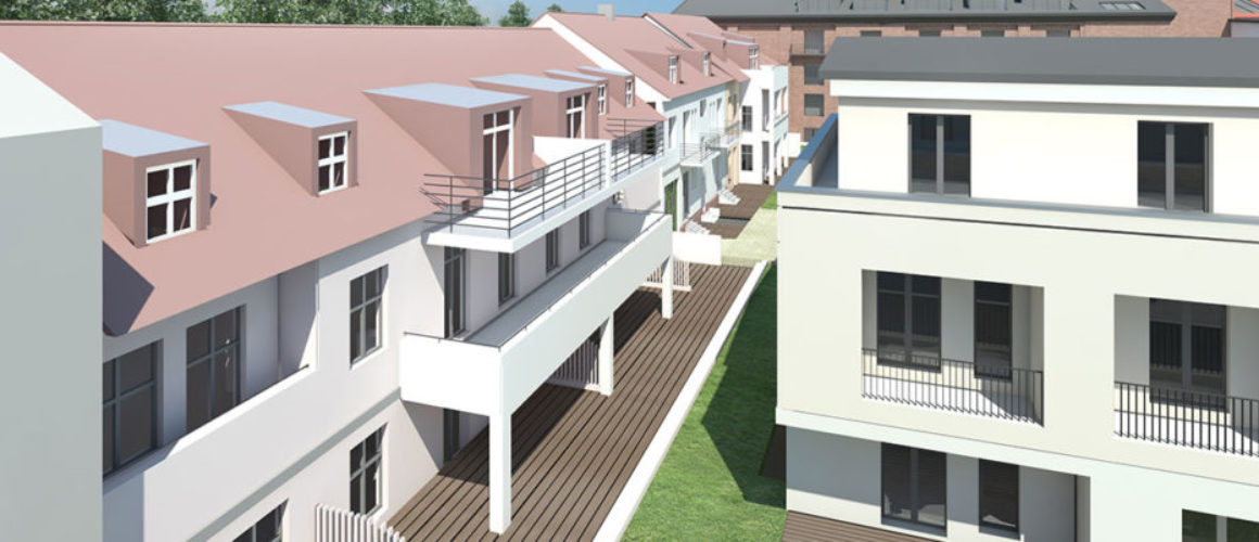Das Bild zeigt die Nahaufnahme des 3D-Modells einer Nachbarschaft in Babelsberg. Man erkennt, dass alle Gebäude mit Balkons ausgestattet sind.